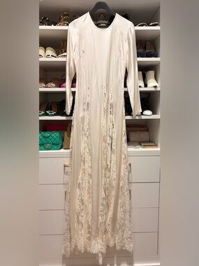 Rosamosario Bridal Silk White Ivory Long-Sleeve Italian Lace-Panel Dress Rare